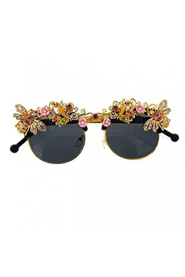 BAJIE Lunettes de Soleil à la Main Baroque Strass Fleur Abeille Lunettes de Soleil Lunettes de Soleil pour Femmes Cristal Lun