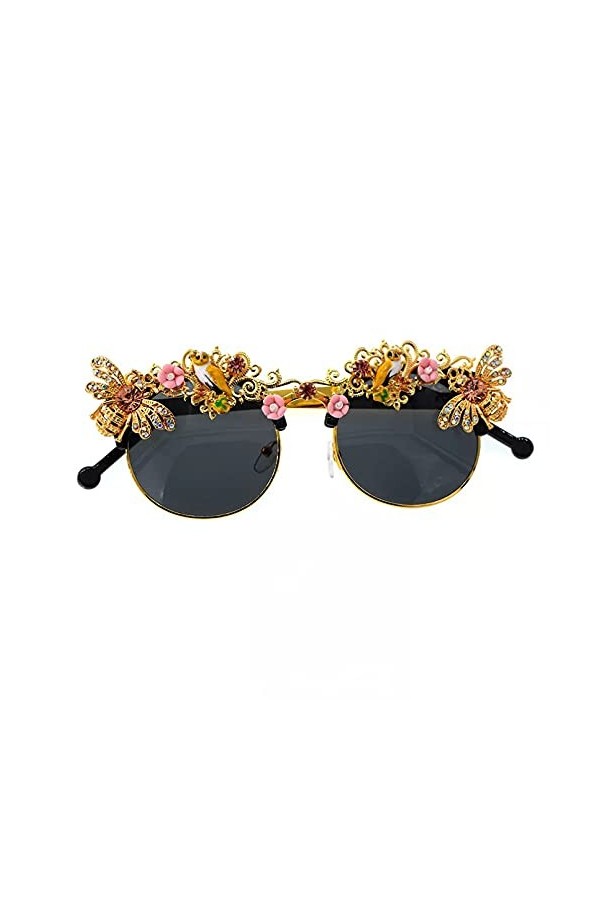 BAJIE Lunettes de Soleil à la Main Baroque Strass Fleur Abeille Lunettes de Soleil Lunettes de Soleil pour Femmes Cristal Lun