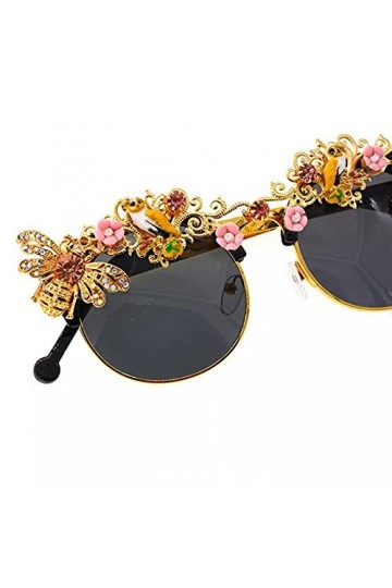 BAJIE Lunettes de Soleil à la Main Baroque Strass Fleur Abeille Lunettes de Soleil Lunettes de Soleil pour Femmes Cristal Lun