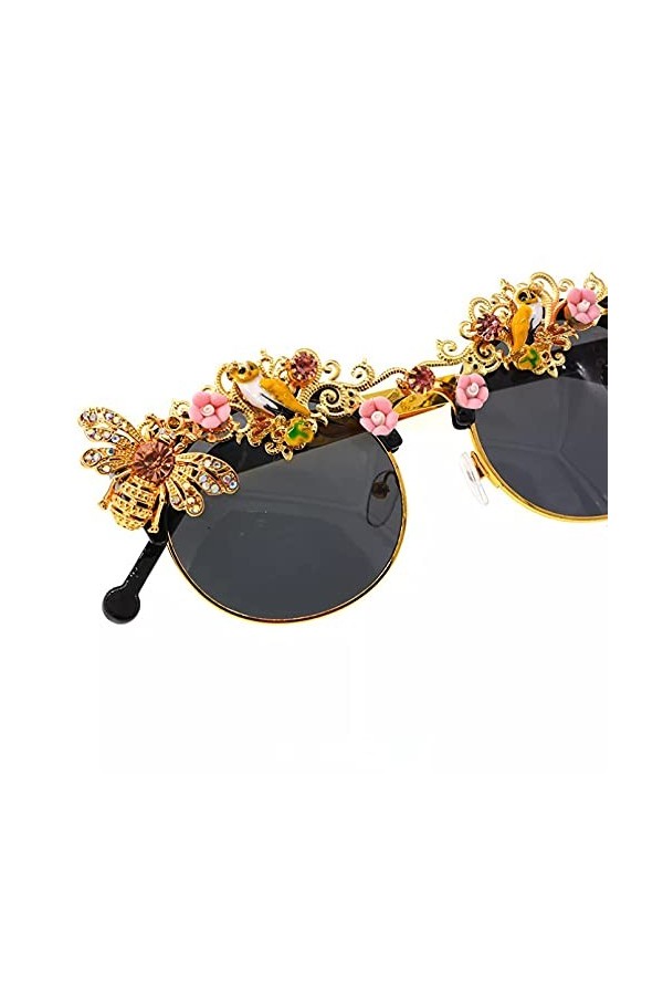 BAJIE Lunettes de Soleil à la Main Baroque Strass Fleur Abeille Lunettes de Soleil Lunettes de Soleil pour Femmes Cristal Lun