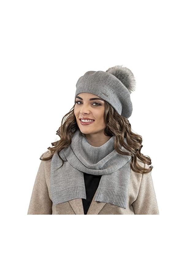 VIVISENCE Béret+Écharpe Classique Et Élégant Idéal pour Hiver 7035Kmpl, Gris Clair,UNI