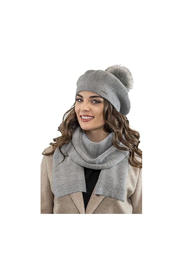 VIVISENCE Béret+Écharpe Classique Et Élégant Idéal pour Hiver 7035Kmpl, Gris Clair,UNI