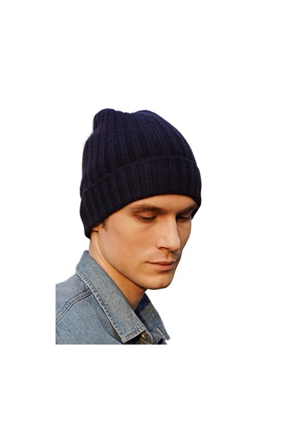 prettystern Bonnet Beanie tricoté Unisexe 100% Cachemire Ourlet plissé Rayures Tient Chaud Homme et Femme - KM19 Jaune
