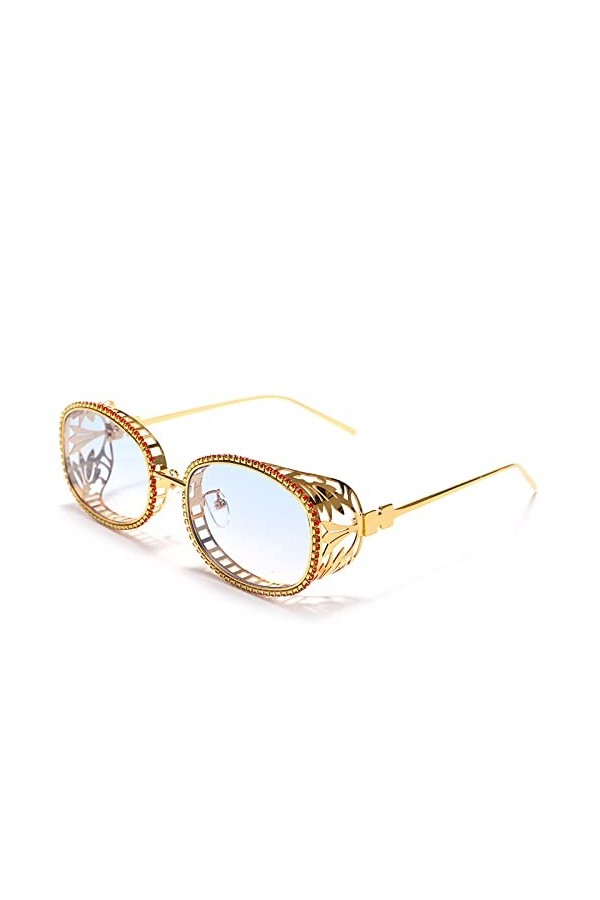 HPIRME Lunettes de soleil strass brillants femmes diamant ovale lunettes de soleil pour dames cadres métalliques floraux creu