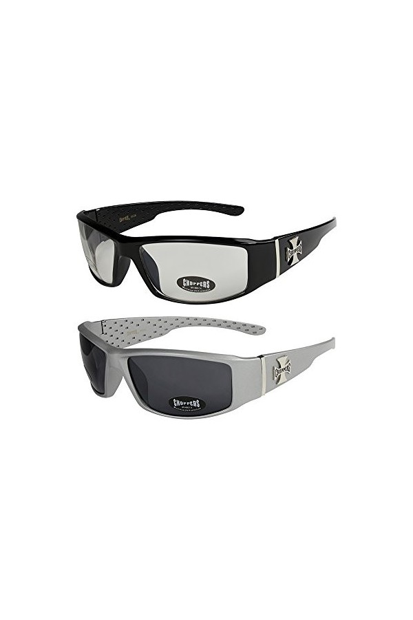 X-CRUZE Choppers - Lot de 2 paires de lunettes de soleil claires femmes hommes - 1x Modèle 01 noir brillant/teinte noir et 