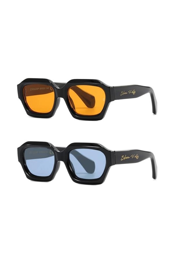 SHEEN KELLY Lunettes de soleil homme femme à La Rétro Mode Épais Hexagone cadre orange 80s Lunettes