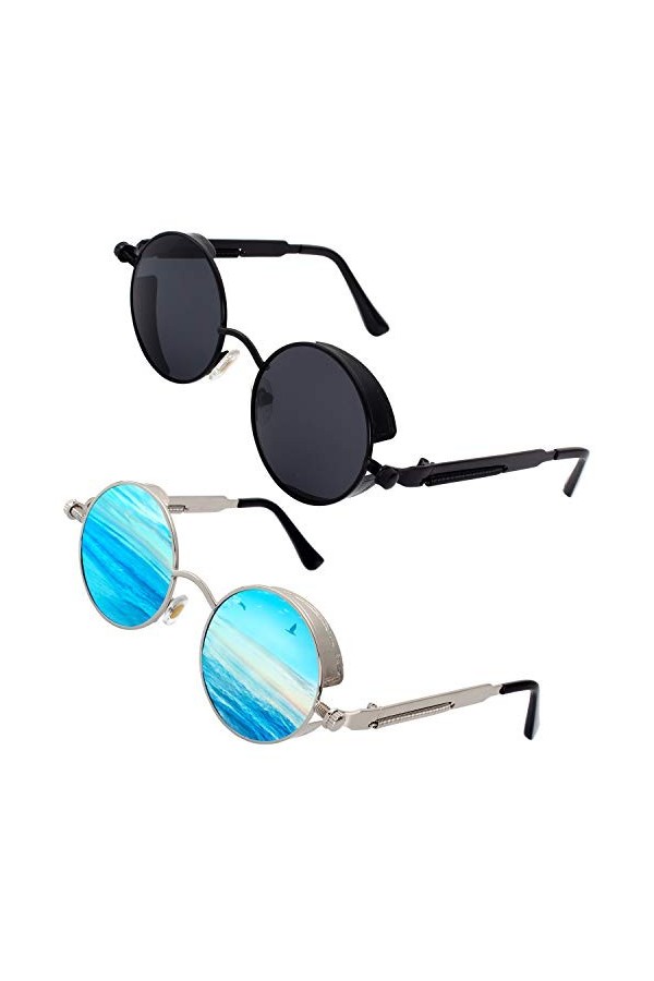 GQUEEN Lunettes de Soleil Rétro Polarisées Ronde Métal Cadre Steampunk pour Homme et Femme Unisexe Avec Protection UV400 MTS2