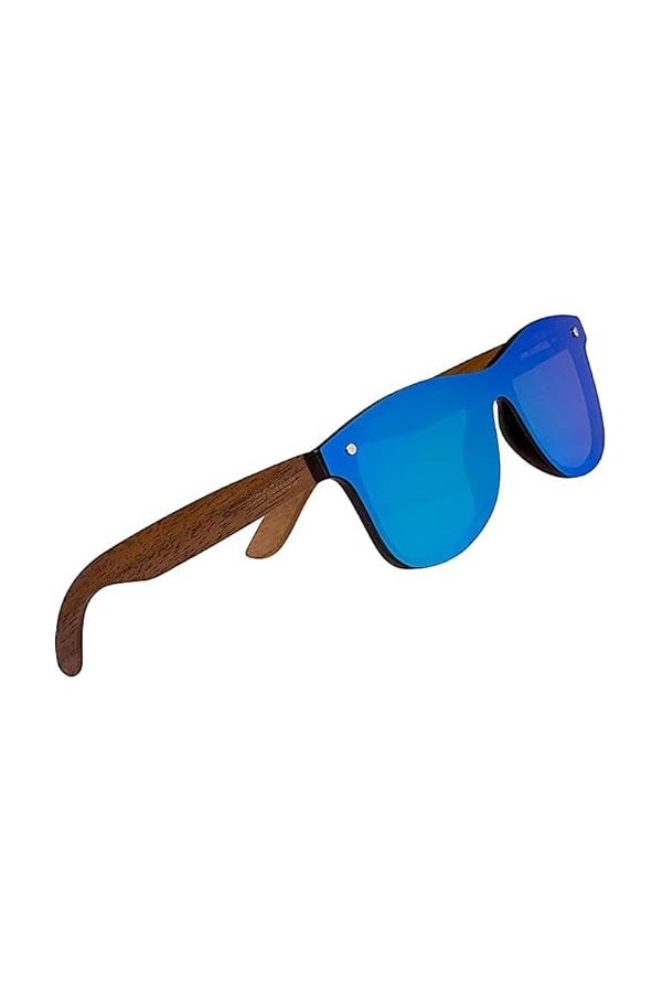 KINGSEVEN Lunettes de Soleil Polarisées Hommes Femmes, Lunettes de Soleil Unisexes en bois de noyer, UV400, Verres Miroir Bl