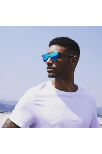 KINGSEVEN Lunettes de Soleil Polarisées Hommes Femmes, Lunettes de Soleil Unisexes en bois de noyer, UV400, Verres Miroir Bl