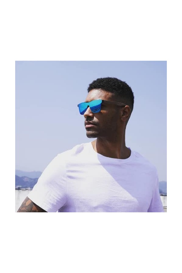 KINGSEVEN Lunettes de Soleil Polarisées Hommes Femmes, Lunettes de Soleil Unisexes en bois de noyer, UV400, Verres Miroir Bl