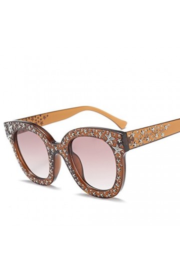 SUYGGCK Lunettes de Soleil Femmes Round Frame Star Diamond Sunglasses Retro Trend Sunglasses Uv400-C7