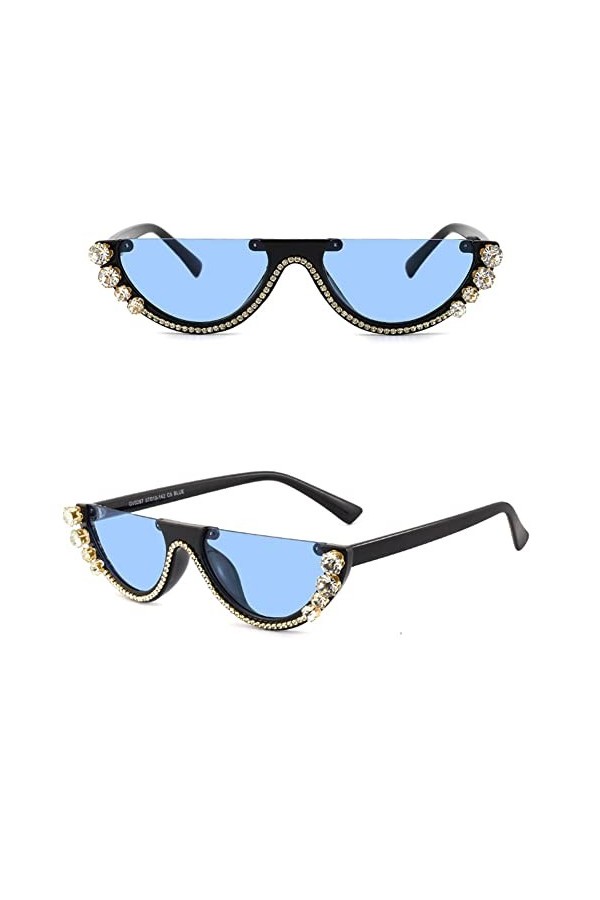Lunettes de soleil rétro étroites œil de chat cloutées en diamant pour femmes, lunettes de soleil tendance demi-monture en di