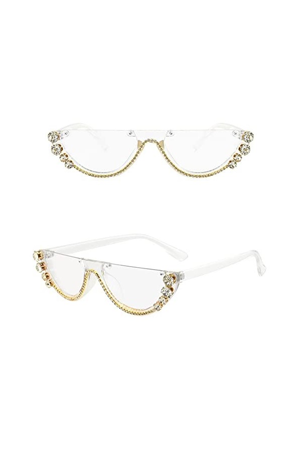 Lunettes de soleil rétro étroites œil de chat cloutées en diamant pour femmes, lunettes de soleil tendance demi-monture en di