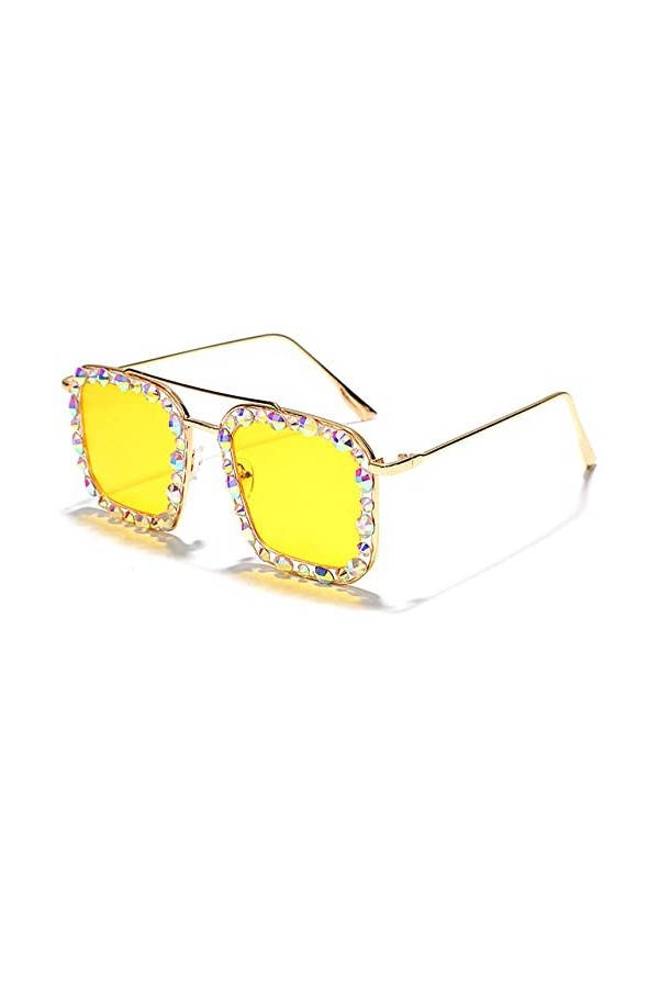 HCHES Lunettes de soleil carrées diamant femmes lunettes de soleil punk en cristal coloré lunettes dames strass, 1 jaune, tai