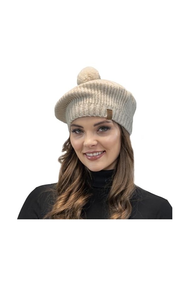 VIVISENCE Béret Élégant avec Pompon pour Hiver 7074, Beige,UNI