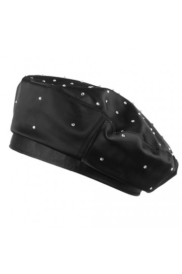 Meliyya Béret en cuir synthétique pour femme - Strass - Style français - Couleur unie - Rétro - Casquette de peintre, a-noir,