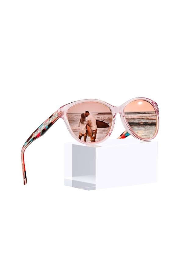Carfia Rétro Lunettes de Soleil Femme Polarisées Cat.3 Protection UV400 Motif Gravé Monture en Acétate pour Voyager