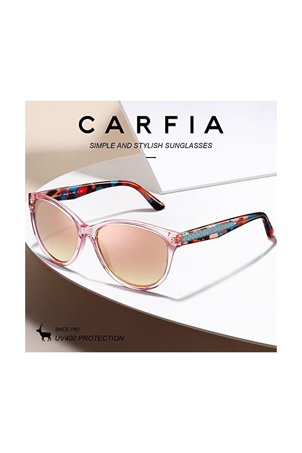 Carfia Rétro Lunettes de Soleil Femme Polarisées Cat.3 Protection UV400 Motif Gravé Monture en Acétate pour Voyager