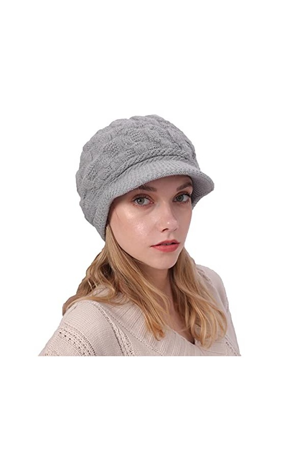 Bonnet dhiver pour Femme avec visière, Bonnet tricoté décontracté pour Fille, Bonnet Doux doublé en Polaire avec visière, Ch