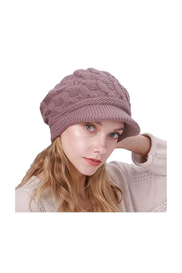 Bonnet dhiver pour Femme avec visière, Bonnet tricoté décontracté pour Fille, Bonnet Doux doublé en Polaire avec visière, Ch