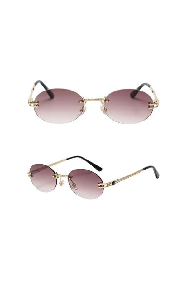 HCHES Lunettes de Soleil Ovales Miroir Hommes Uv400 Rétro Lunettes de Soleil Rondes sans Monture Vintage Femme, Or avec Marro
