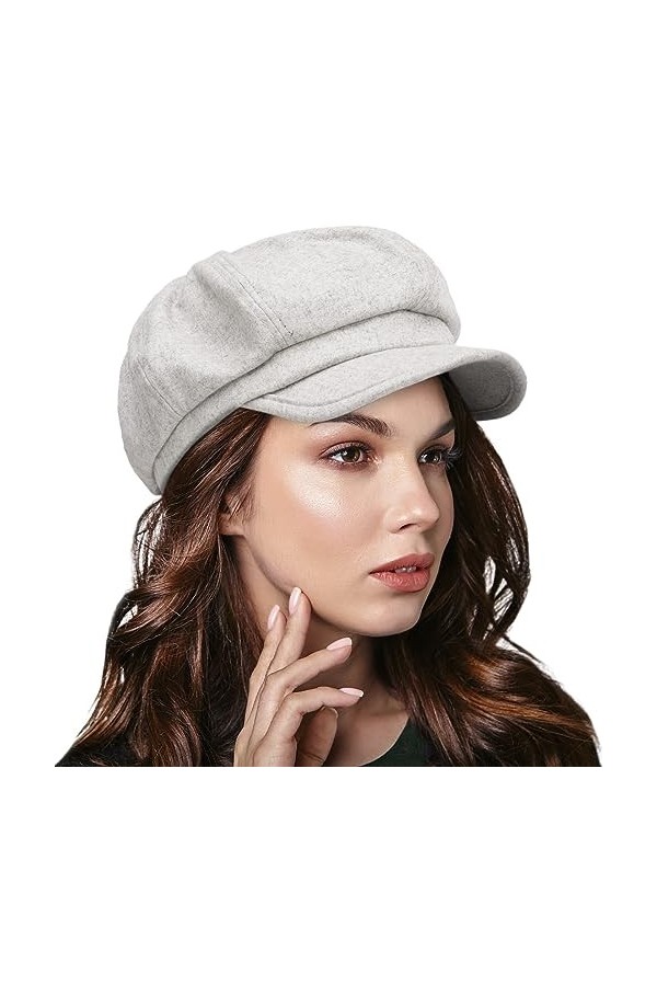 HISSHE Femmes Octogonale Chapeau Couverture de Visière Vintage Laine Chauffeur de Taxi Béret Gris 