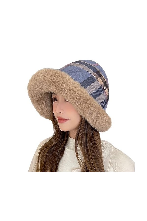 Chapeau cloche pelucheux en peluche pour femme, seau en fourrure dhiver en fourrure duveteuse, chapeau chaud à carreaux de b