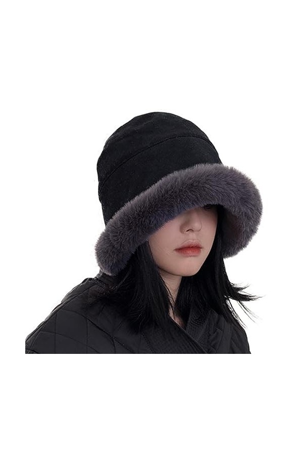ZffXH Bonnet dhiver en fourrure synthétique avec bordure en fausse fourrure chaude et moelleuse, Noir , L