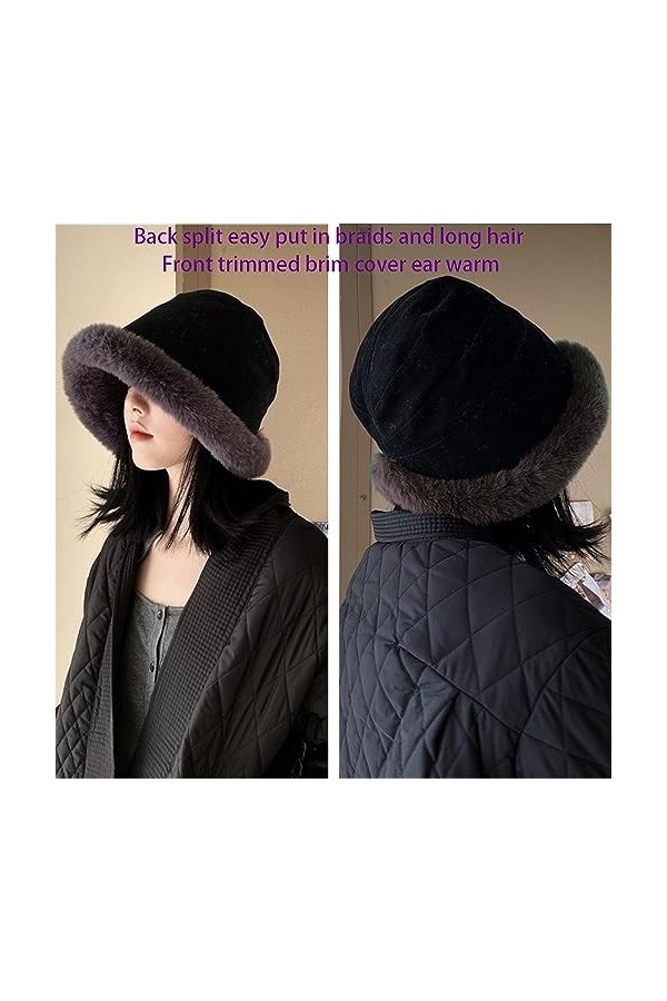 ZffXH Bonnet dhiver en fourrure synthétique avec bordure en fausse fourrure chaude et moelleuse, Noir , L