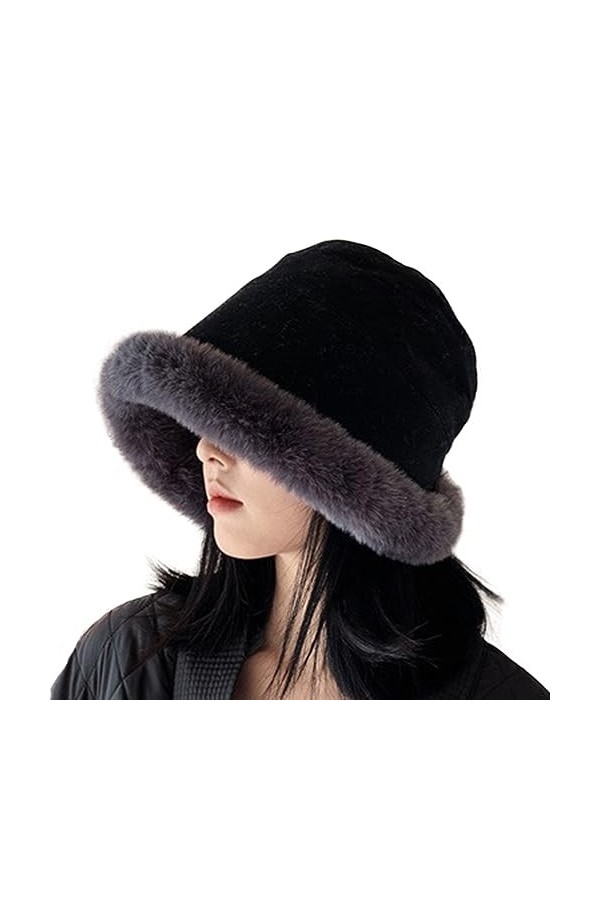 Lady Peluche Fuzzy Cloche Chapeau Hiver Fourrure Fourrure Seau Fluffy Femmes Chaud Polaire Floppy Bord Cap, Kaki, L