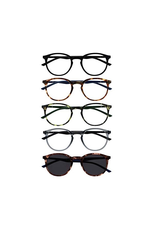 Opulize Met Pack 5 Lunettes De Lecture Avec Lecteur Soleil Rond Noir Brun Vert Gris Hommes Femmes RRRRS60-12672 +2,00