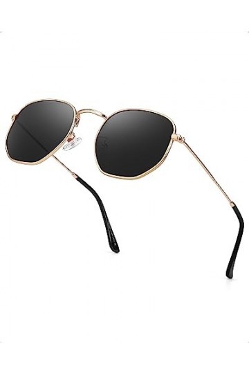 TJUTR Lunettes de soleil polarisées pour homme et femme - Verres hexagonaux anti-reflets - Monture fine en métal avec protect