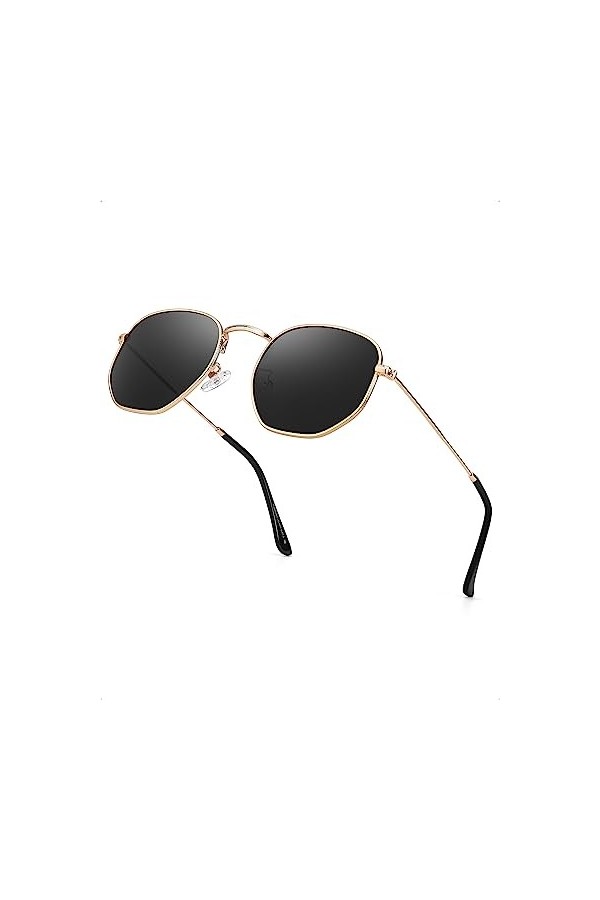 TJUTR Lunettes de soleil polarisées pour homme et femme - Verres hexagonaux anti-reflets - Monture fine en métal avec protect