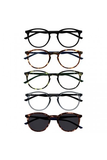 Opulize Met Pack 5 Lunettes De Lecture Avec Lecteur Soleil Rond Noir Brun Vert Gris Hommes Femmes RRRRS60-12672 +2,00