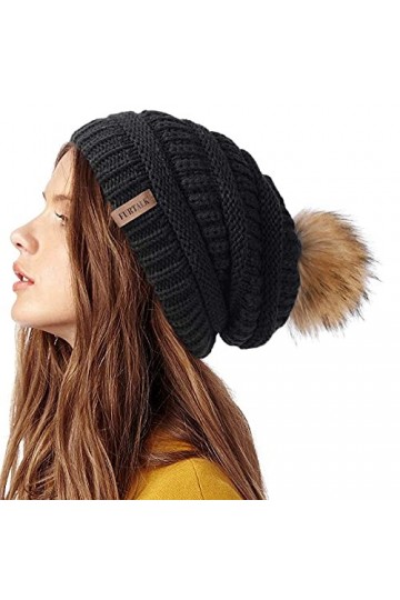 FURTALK Bonnet pour Femmes Slouch Style Bonnet dhiver Chaud avec Pompon en Fausse Fourrure