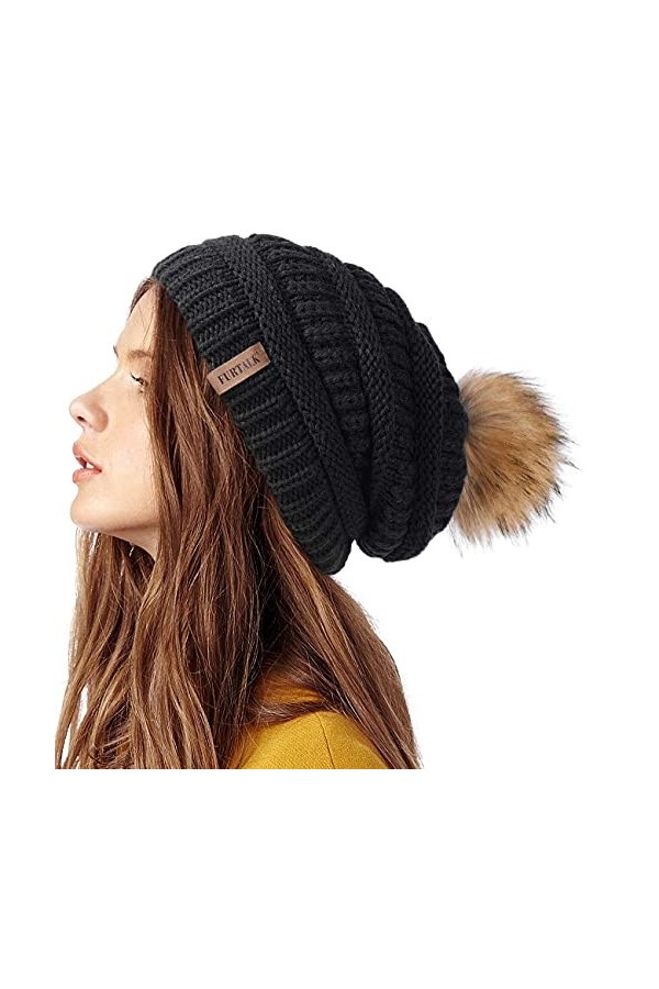 FURTALK Bonnet pour Femmes Slouch Style Bonnet dhiver Chaud avec Pompon en Fausse Fourrure