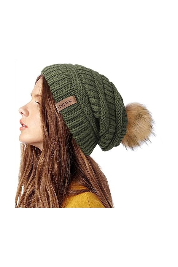 FURTALK Bonnet pour Femmes Slouch Style Bonnet dhiver Chaud avec Pompon en Fausse Fourrure