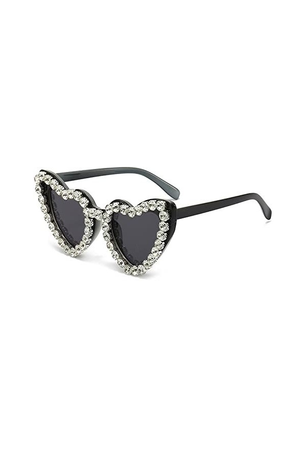 Heart Frame Glitter Lunettes de soleil Diamant Cristal Femmes UV400 Lunettes de Soleil Dames Strass Lunettes, C1 NOIR NOIR, T