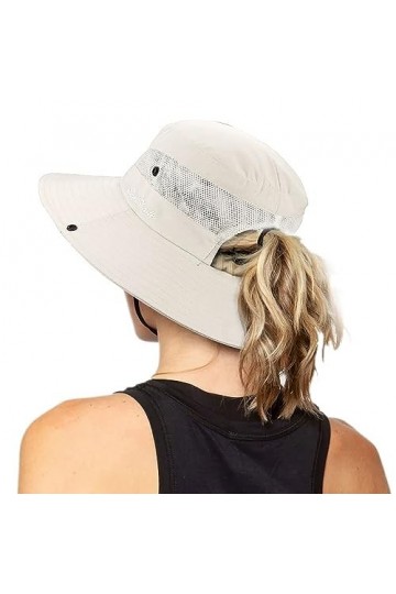 Chapeau de soleil pliable en maille à large bord avec trou pour queue de cheval, beige, Taille unique