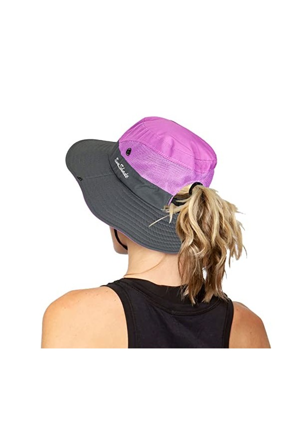 Chapeau de soleil pliable en maille à large bord avec trou pour queue de cheval, beige, Taille unique