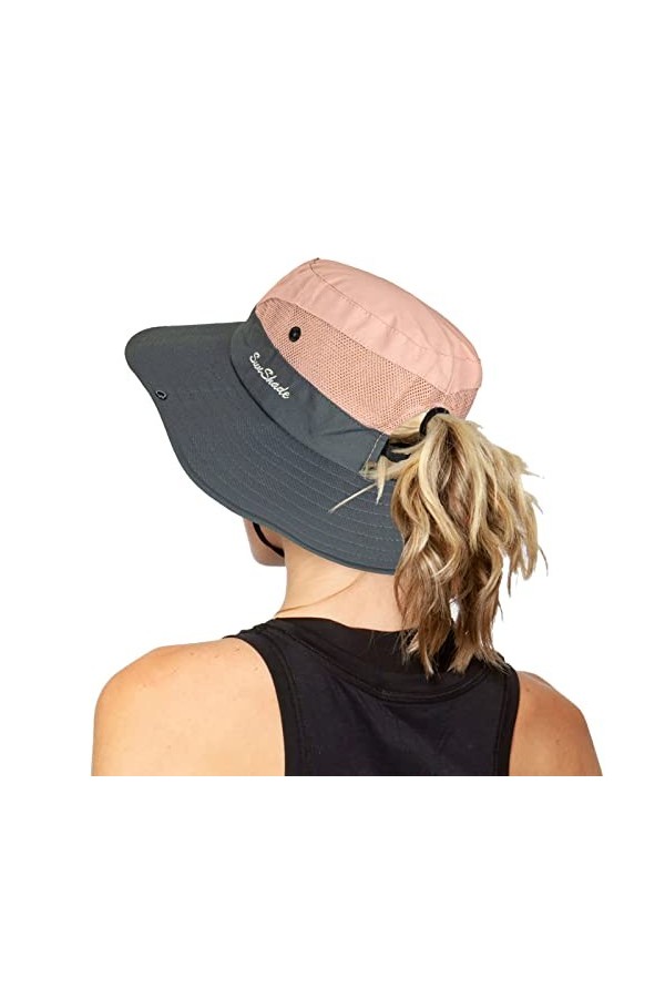 Chapeau de soleil pliable en maille à large bord avec trou pour queue de cheval, beige, Taille unique
