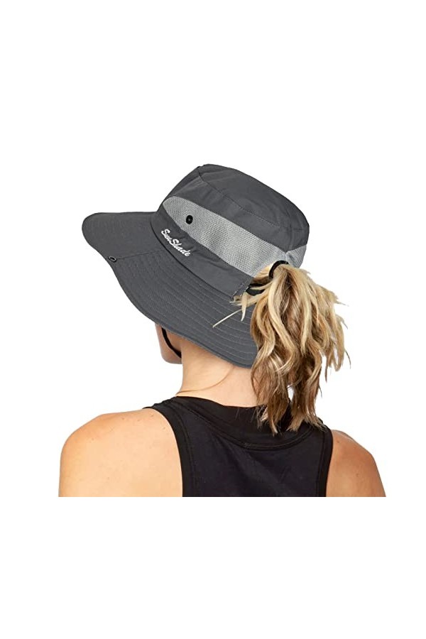 Chapeau de soleil pliable en maille à large bord avec trou pour queue de cheval, beige, Taille unique