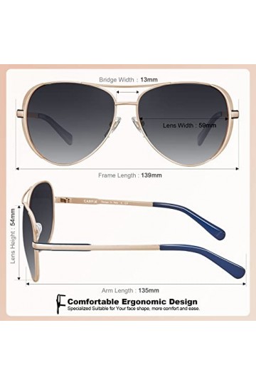 Carfia Pilote Lunettes de Soleil Femme Polarisées Miroir UV400 Protection indice 3 Moderne Classique Métal pour Conduite