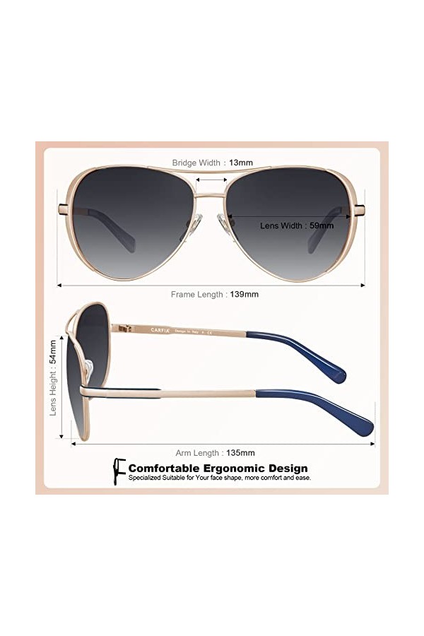 Carfia Pilote Lunettes de Soleil Femme Polarisées Miroir UV400 Protection indice 3 Moderne Classique Métal pour Conduite