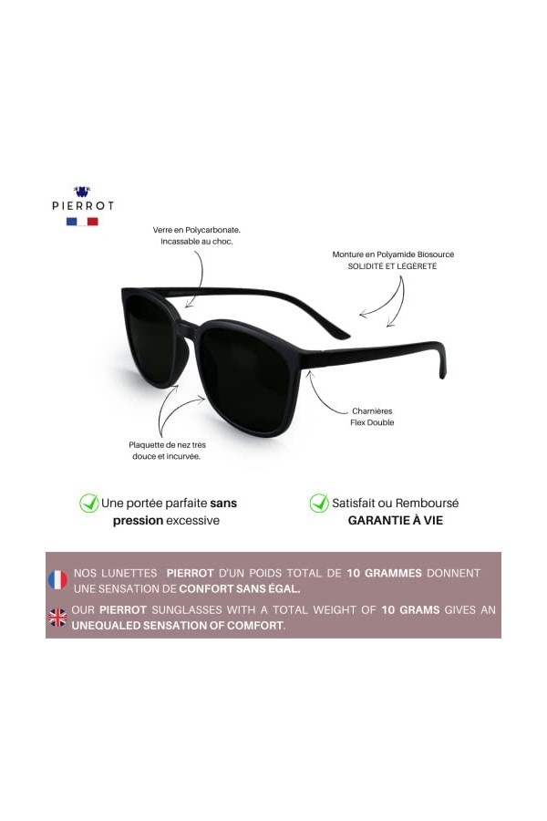 PIERROT Lunettes de Soleil pour Homme et Femme - Made in France - Lunettes de Soleil UV400 pour Conduite et Voyage - 100% Fra