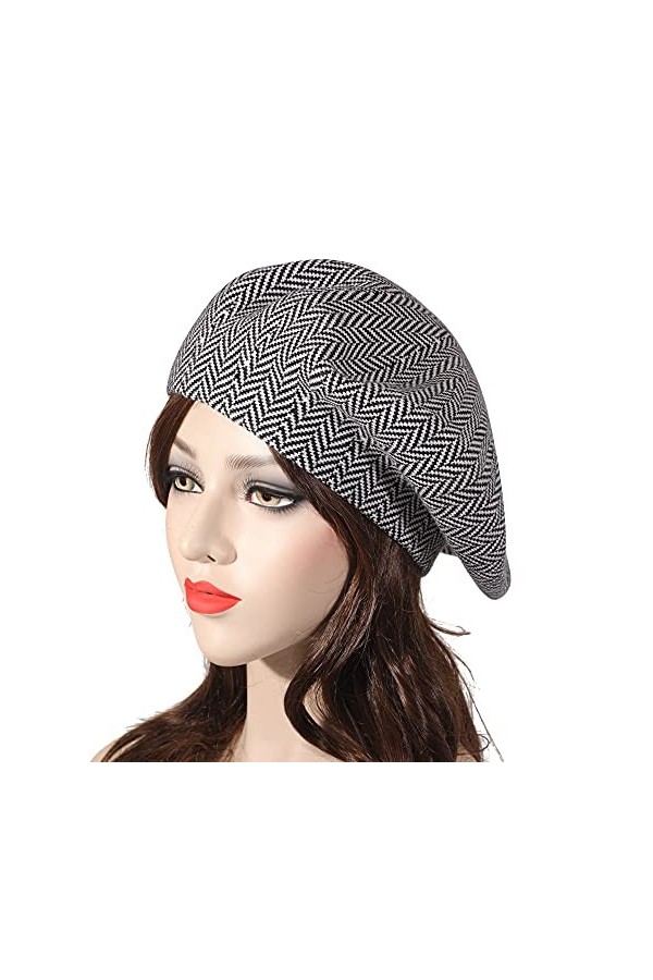 ZLYC Hiver Femmes Classique Francais Cachemire Chapeau de Béret Couche Double Rayé Noir,Taille Unique 