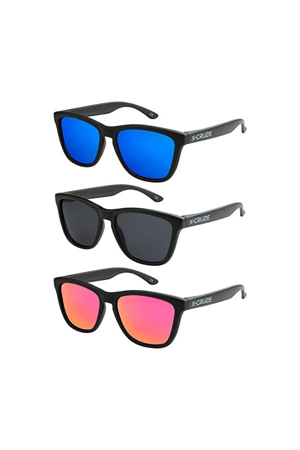 X-CRUZE® - Lot de 3 paires de lunettes de soleil Style Nerd polarisées Vintage Rétro unisexe homme femme hommes femmes - Noir