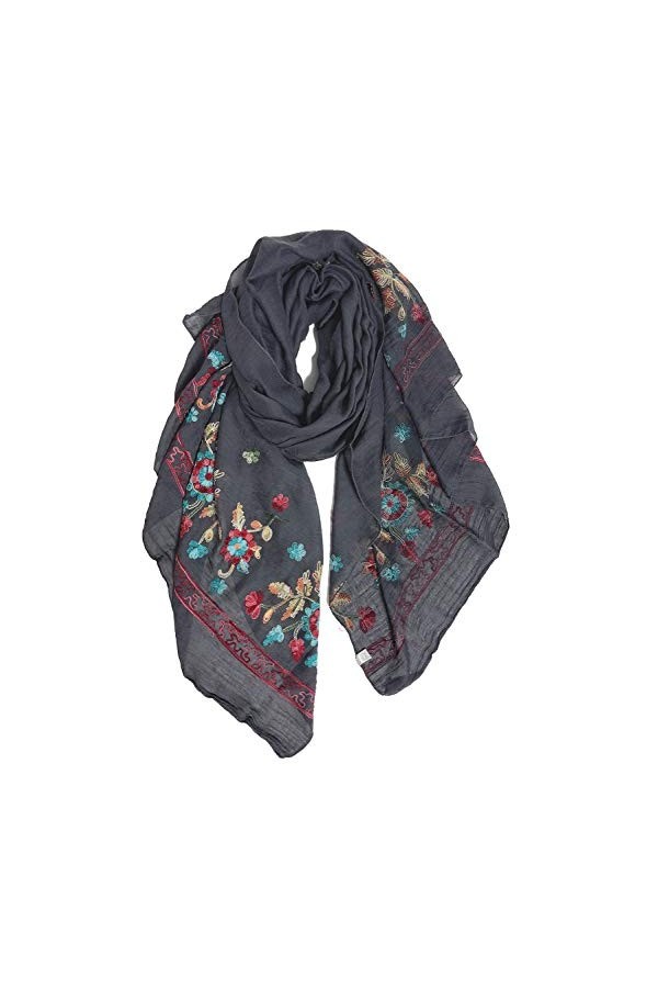 DAMILY Foulard Coton Femme Imprimé Floral Fait Main Écharpe Châle Respirant Belles Étoles de Vacances Gris Foncé
