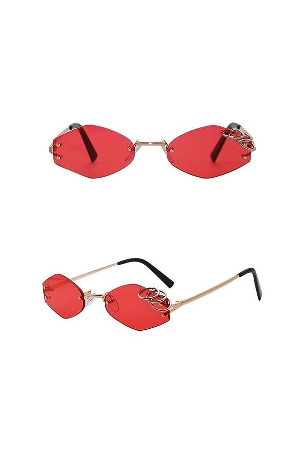 MUTYNE Unique Fer Anneaux Décoration Femmes Lunettes De Soleil Sans Monture Rétro Hommes Vert Foncé Punk Lunettes UV400, Roug