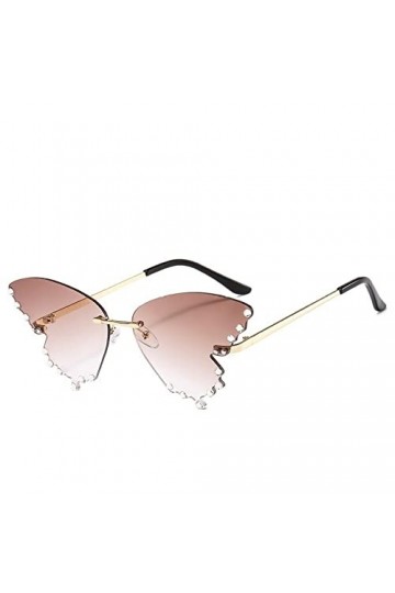 HCHES Lunettes de soleil yeux de chat papillon en cristal sans monture pour femmes lunettes de soleil en alliage femmes stras